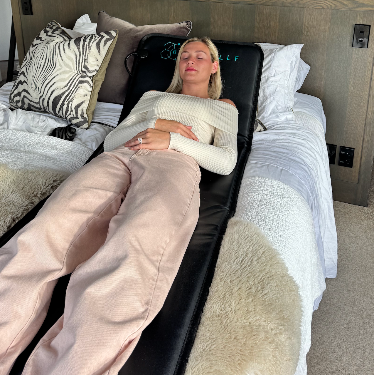 Candice founder of BEST CELLF using PEMF in the morning