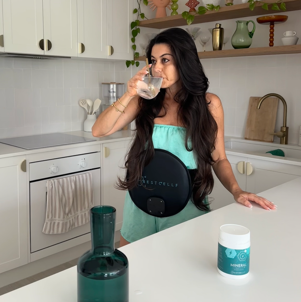 Georgia drinking Mineral Complex+ Hydration powder while using PEMF belt